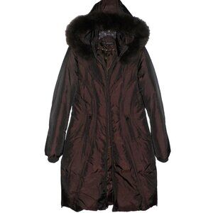 Women's XS Via Spiga Down Puffer Coat Dark Brown Blue Fox Hood